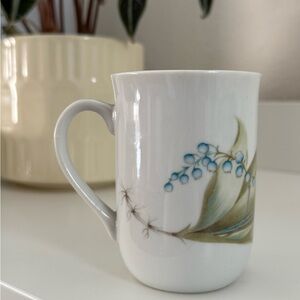 White Ceramic Mug with Blue Floral Lily of the Valley Motif